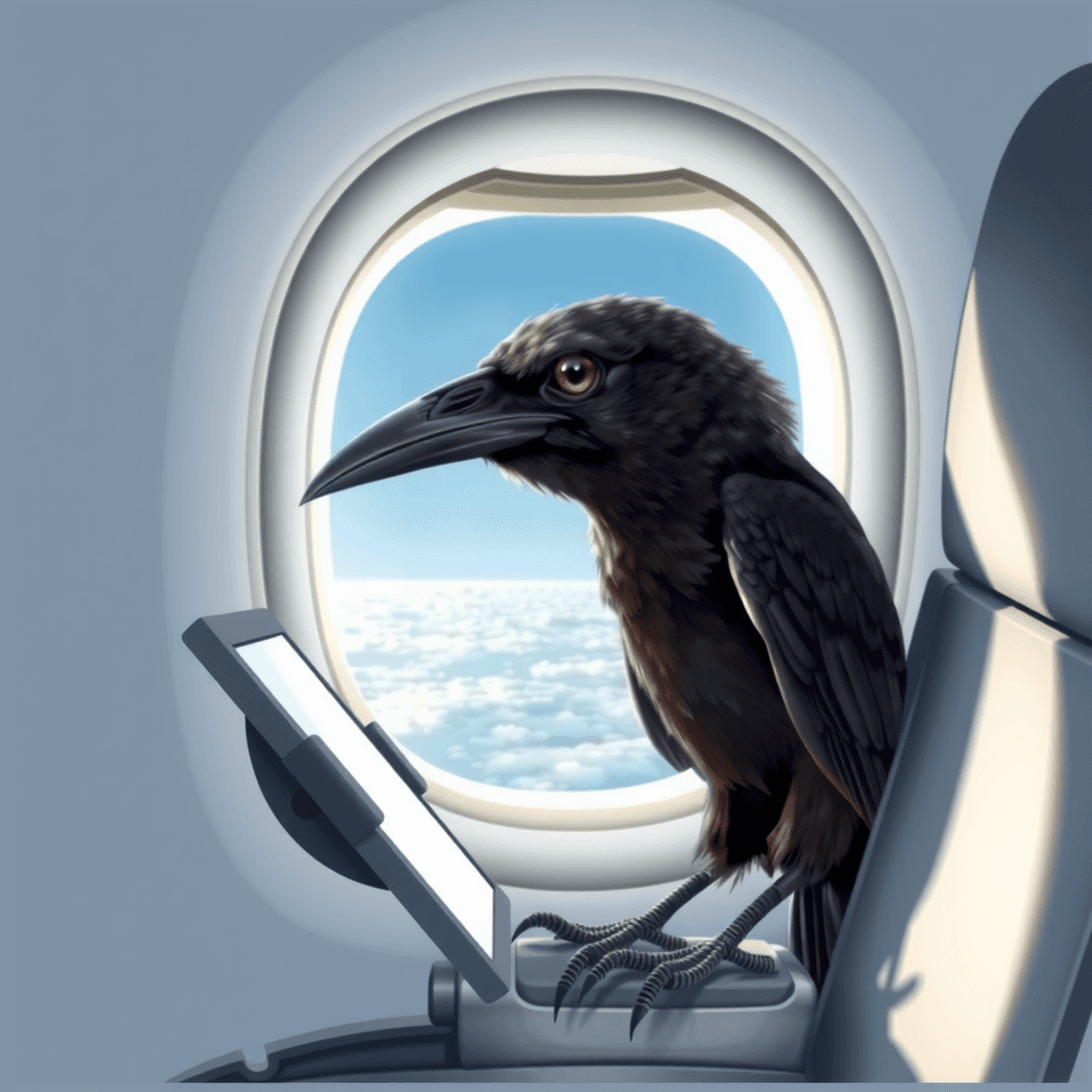 A raven sits comfortably in an airplane seat, gazing out at the clouds through the window.