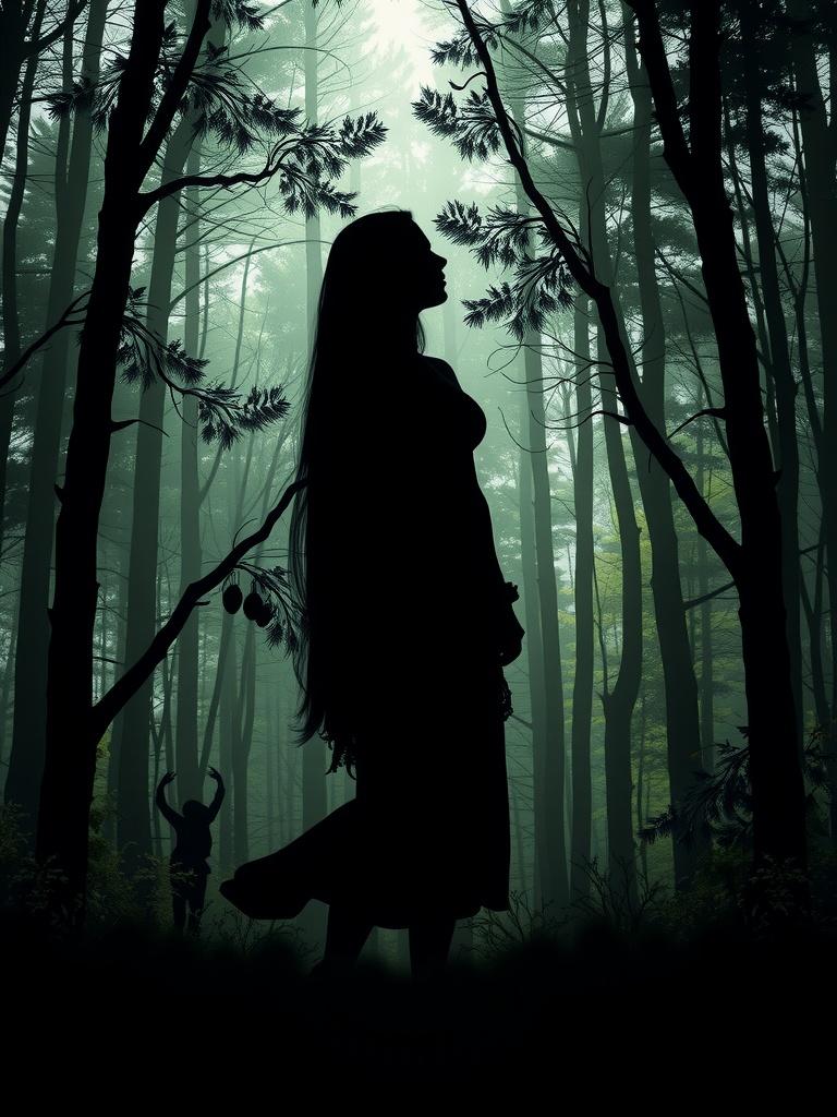 A mysterious silhouette of a woman stands amidst towering trees in a dense forest. The background is enveloped in mist, creating an ethereal and magical atmosphere. A child-like figure is visible in the distance, enhancing the sense of mystery and wonder.