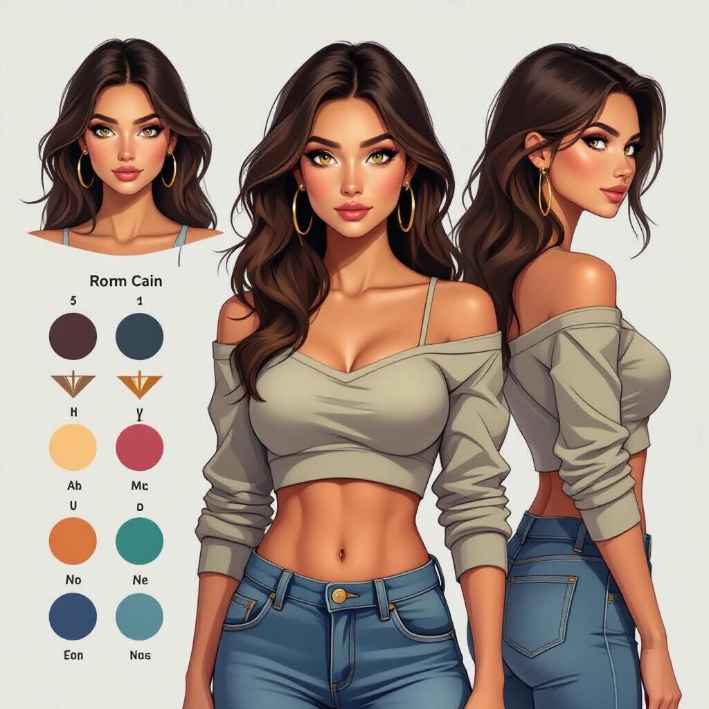 Character design sheet of a modern-day princess. 24 years old with Circassian and Icelandic heritage. She has a determined expression. Defined abs with smooth skin. Medium skin tone with golden undertones. Bright vivid blue eyes framed by long eyelashes. Wearing a deconstructed sweatshirt and cargo pants. Hands tucked in pockets. Background shows tilted steel beams. Artistic style reflects Deconstructivism and influenced by Enki Bilal.