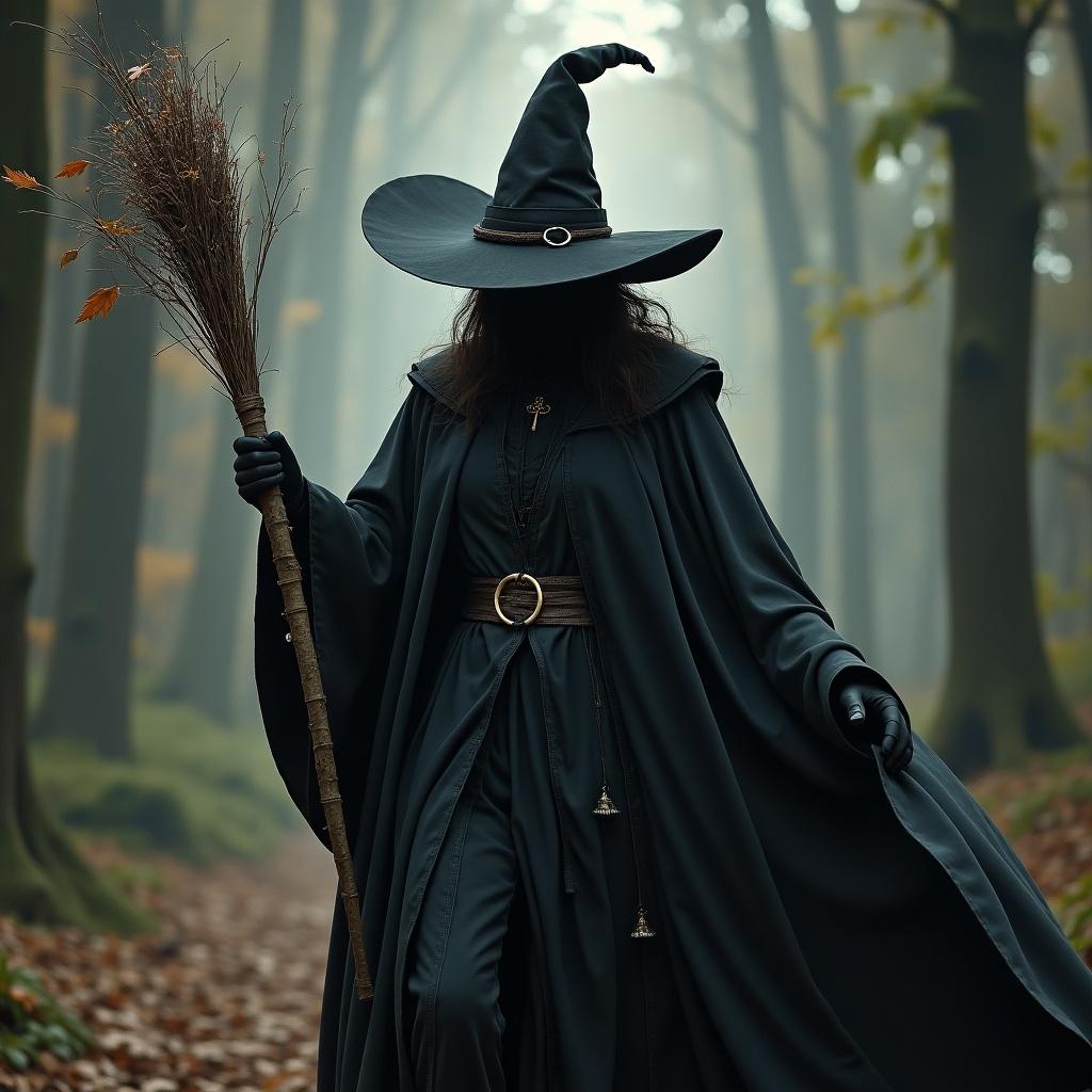 Witch wearing a dark cloak and pointy hat. Holding a broomstick in a foggy forest. Leaves scattered on the ground. Mystical and enchanting atmosphere.