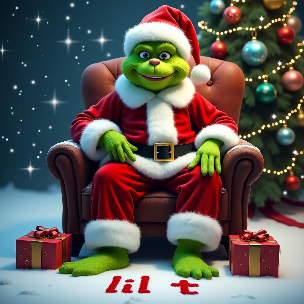 Grinch in Santa suit sits in a chair with gifts. Snow on the ground with lil t written. Colorful Christmas tree and ornaments in the background. Warm holiday feel with sparkly sky.