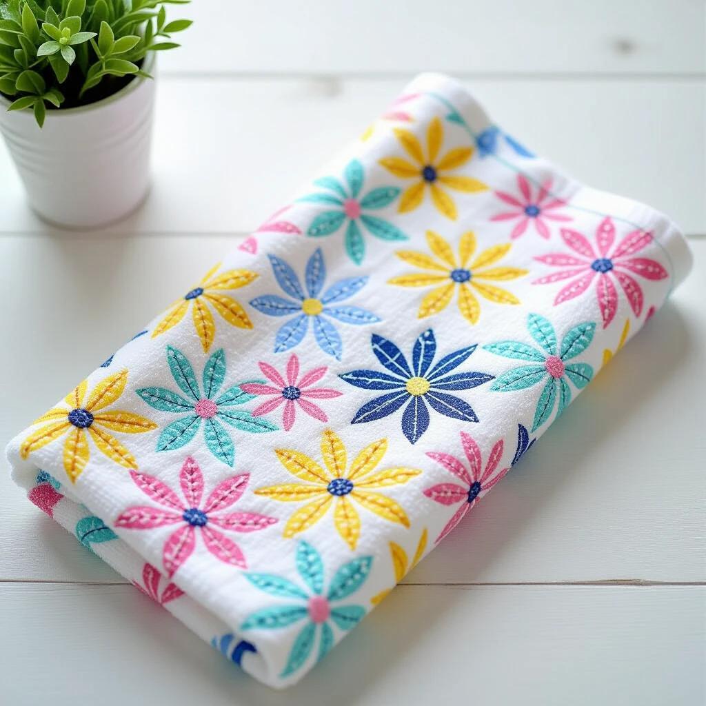 Folded towel with a vibrant floral pattern. Bright colors like pink, yellow, blue, and green. A small plant in a pot in the background.