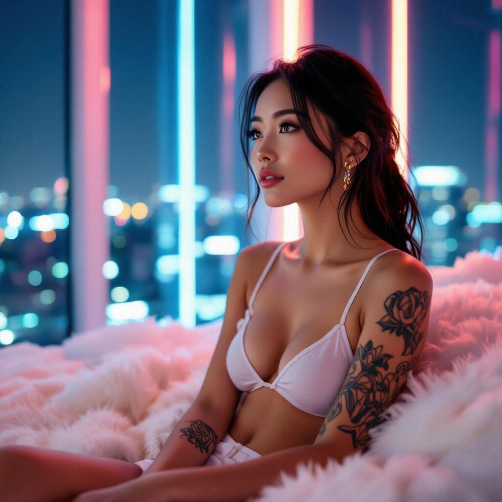 Future scene of a cute tattooed woman looking away. She wears a summer top in a minimal luxury tech penthouse suite. The scene is illuminated with neon lights. The bed is covered with fur.