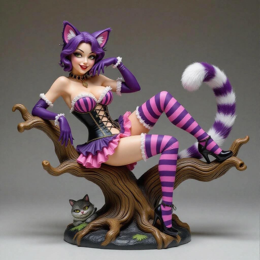 A highly detailed resin sculpture of a sensual young feline woman inspired by the Cheshire Cat. She reclines on a twisted tree branch. One leg is bent, the other is semi-stretched. Her pose blends sexiness and playfulness. She wears a corset with purple and pink stripes, a short skirt, thigh-high stockings, gloves, and heels. Her furry tail curls. She has cat ears and feline features, including slanted eyes and a mischievous smile. The base includes branches and leaves with small details like playing cards.