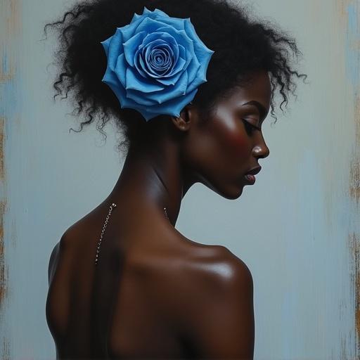 A painting showcases a full body naked black woman highlighted by a blue rose in her hair.