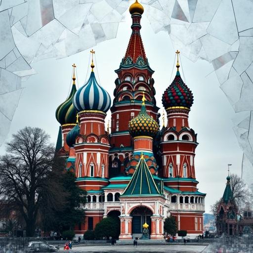 Saint Basil Cathedral with a shattered mirror effect. The cathedral exhibits colorful onion domes in a distorted view. The image captures the grand architecture and cultural significance with a surreal touch.