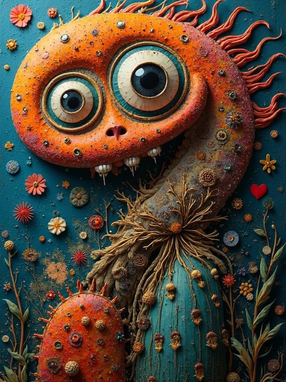 A whimsical multi-layered 3D creature with large eyes and intricate details. Bright colors are used with an earthy background. The design includes flowers and textures.
