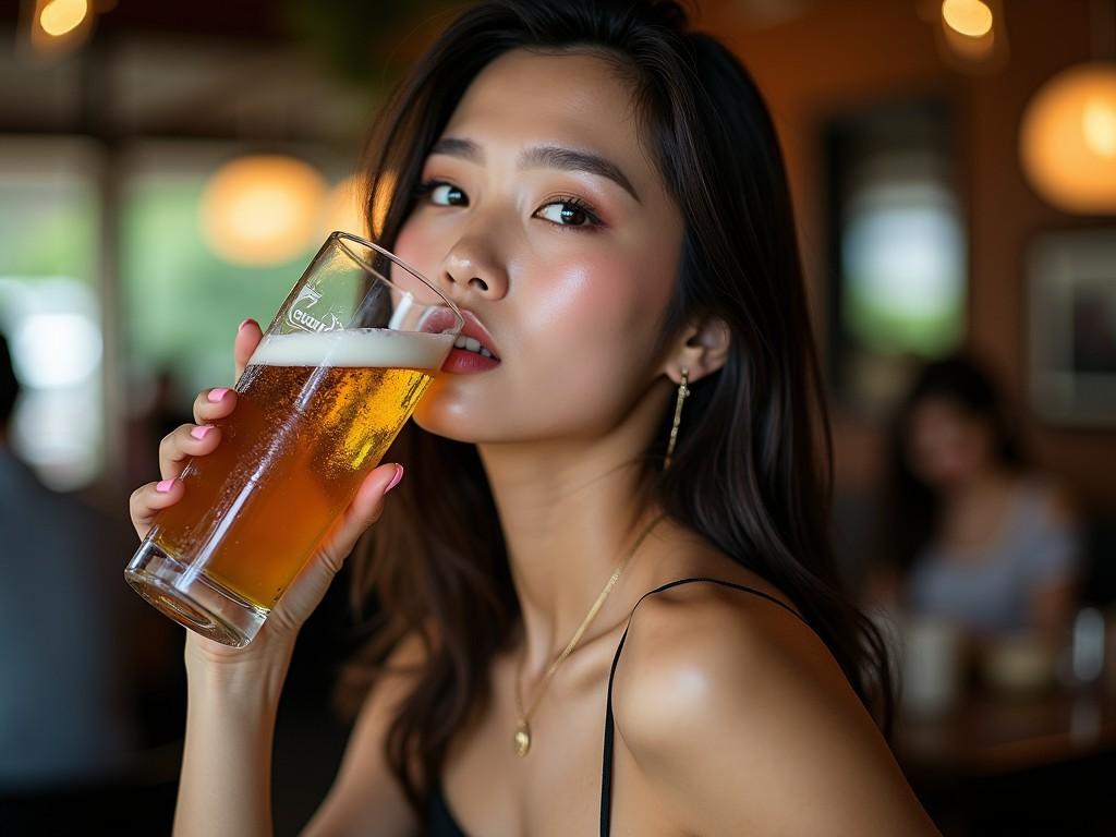 A woman in elegant attire holds a beverage can, exuding a confident and stylish vibe.