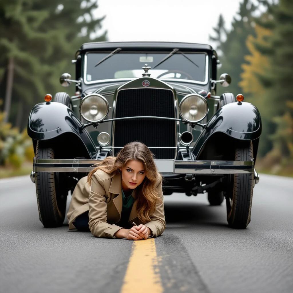A female driver inspects under her vintage car on the side of the road. She is lying horizontally with her legs visible. The vintage car is a 1925 model. The background features trees in autumn.