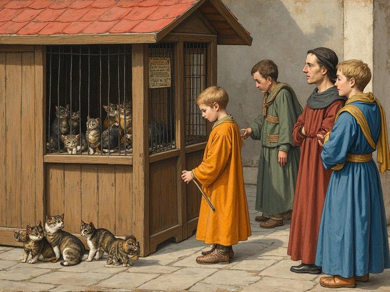 Street-side merchant stall with kittens and a boy interacting with them. Adults watch silently. Late 15th century art style, illuminated manuscript miniature, medieval perspective.