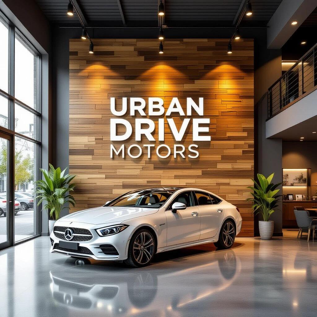 Modern used car sales showroom features wooden wall components and a stylish white car. A 3D metallic logo spells 'Urban Drive Motors'. Warm natural lighting enhances the inviting ambiance. The image captures professional architectural design in high resolution.