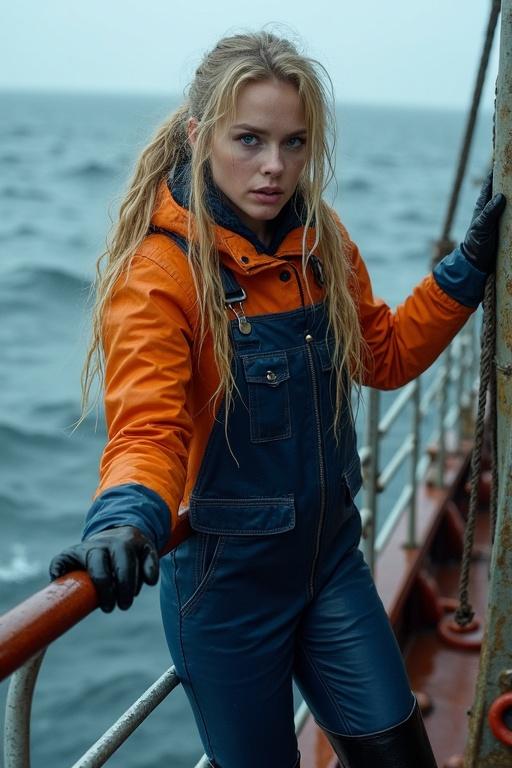 Attractive young woman with long blonde hair in pigtails and blue eyes. Clothing includes an orange hooded mackintosh, navy blue dungarees, black latex trousers, and gloves. She holds the railing of a whaling ship on a stormy sea. Rain pours down as storm clouds gather. Her hair and outfit are soaked. She looks frightened.