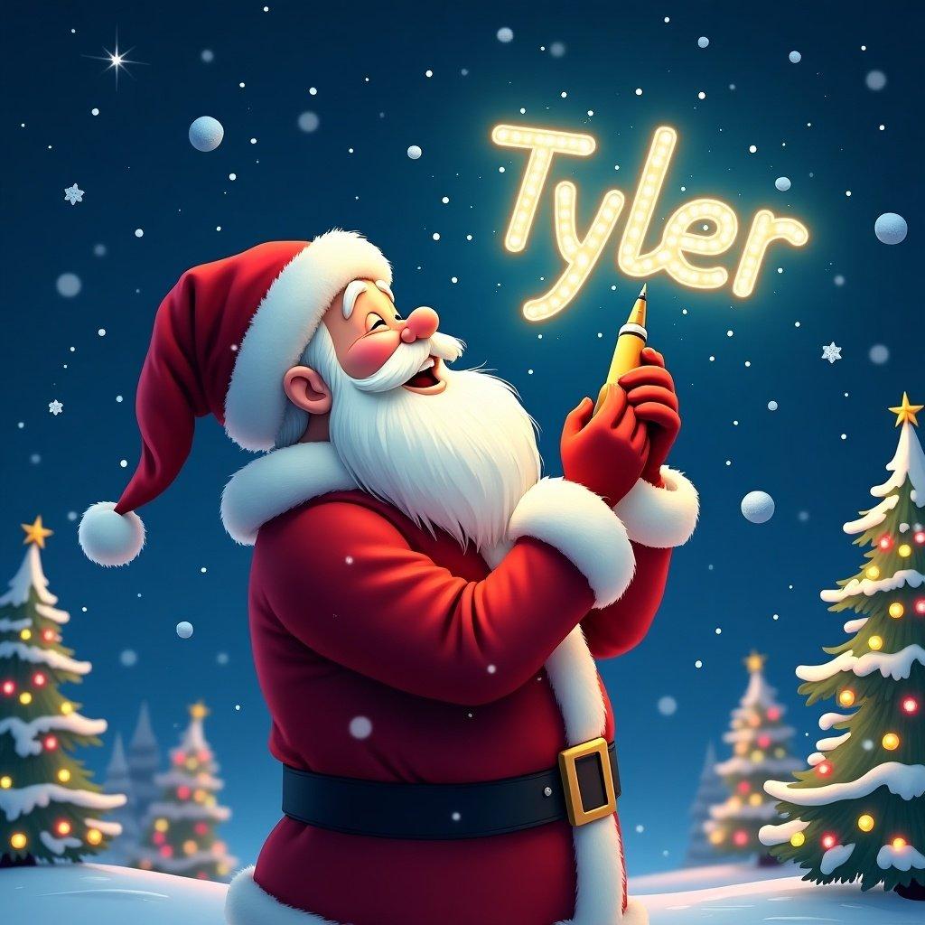 This image features a delightful Christmas theme with Santa Claus engaged in a whimsical activity. He joyfully writes the name 'Tyler' in the sky using a colorful glow pen. The atmosphere is festive, with sparkling snowflakes falling around and twinkling Christmas trees in the background. Dressed in his traditional red suit and white beard, Santa looks up in delight at his creative work. The colorful glow of the name adds a magical touch to the winter night scene. This illustration captures the essence of holiday cheer and personal touches during the Christmas season.