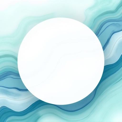 Watercolor style background with flowing shades of blue turquoise and white. Large white circle with shadows floating in center. No text.