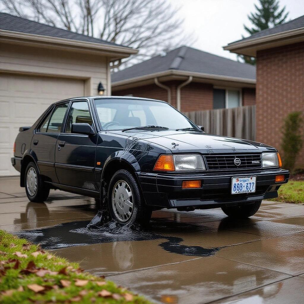 1984 Nissan Pulsar parked in the driveway with visible oil leakage indicating a blown head gasket