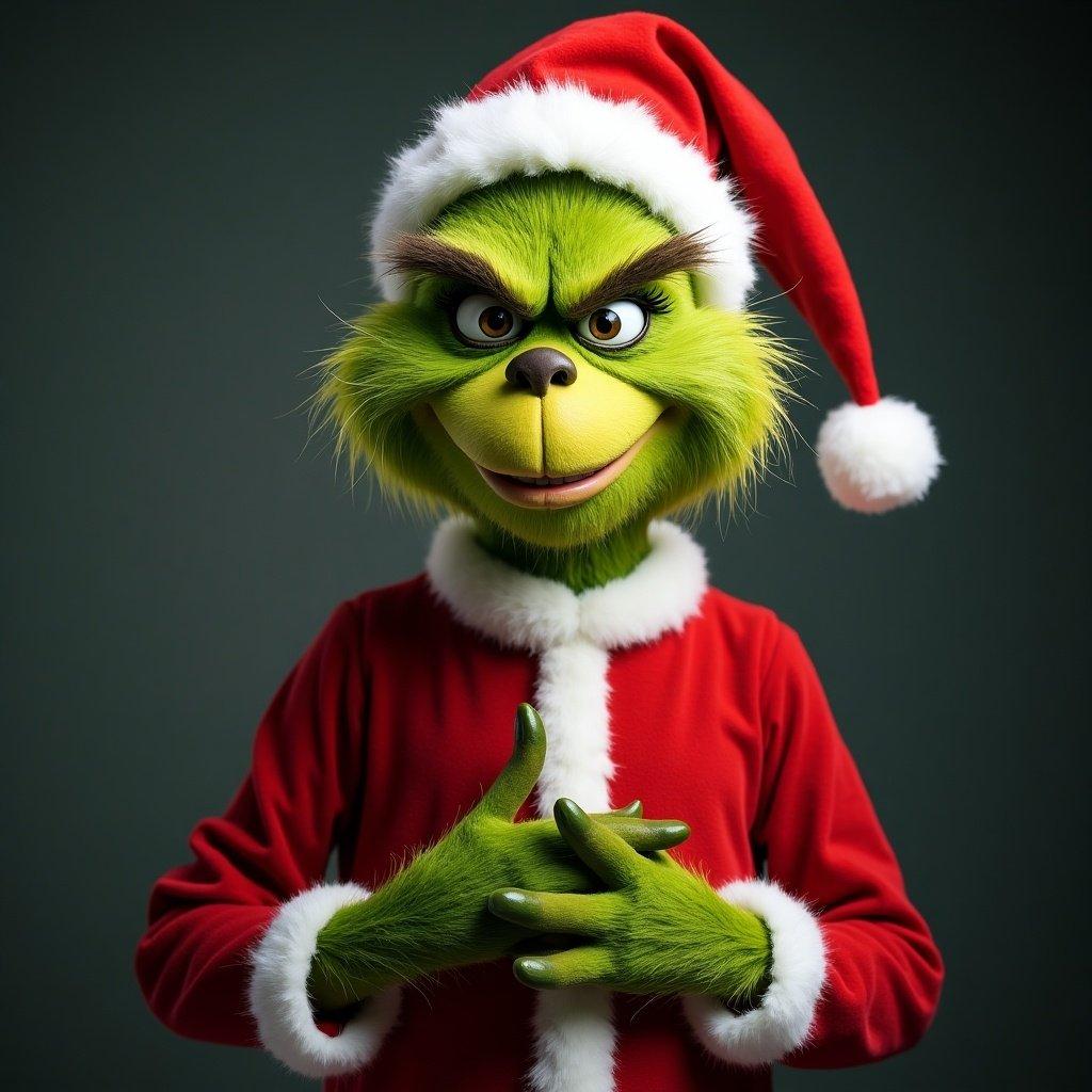 The Grinch dressed in a Santa suit. No background.