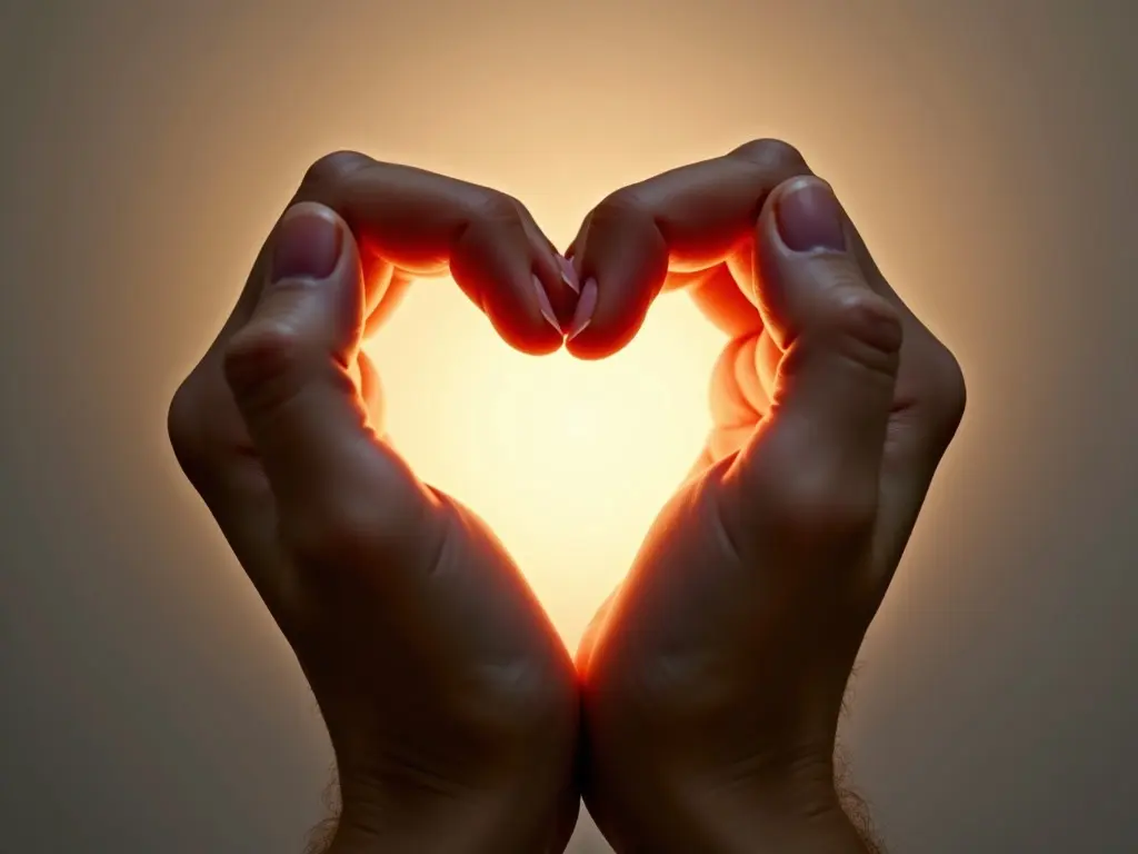 Palms of hand creating the shape of a heart. The hands are positioned close together, forming a perfect heart outline. Light is glowing from within the heart shape, creating a warm and inviting illumination. The background has a soft, neutral tone that gently contrasts with the darker hands. This image captures a sense of love and warmth.