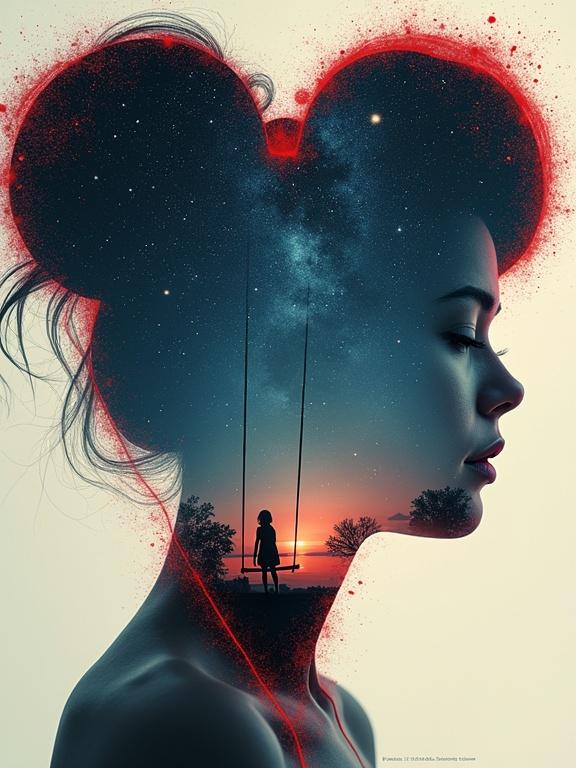 Artistic double exposure showing silhouette of a woman with night sky detail. Inside silhouette: stars, galaxy, memories of swing, photograph, child's room. Digital painting style with textures and soft lighting. Minimalist background and surreal elements.