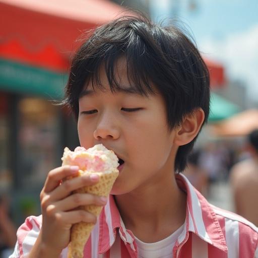 A person is enjoying ice cream while outside. They hold an ice cream cone while standing in an outdoor setting. The background shows a vibrant summer atmosphere with colorful shades and people.