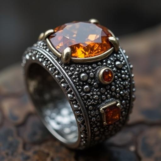 Bold man ring featuring a large orange gemstone surrounded by decorative silver elements.