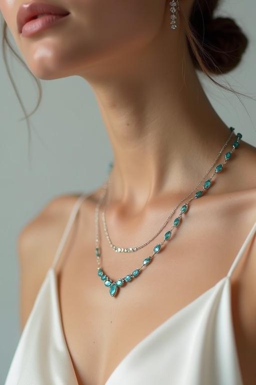 Photorealistic image of a female model with fair to olive skin wearing a 18k white gold necklace. Necklace features pear cut aquamarines set close together. Model wearing an ivory silk camisole. Background is light gray with subtle texture.