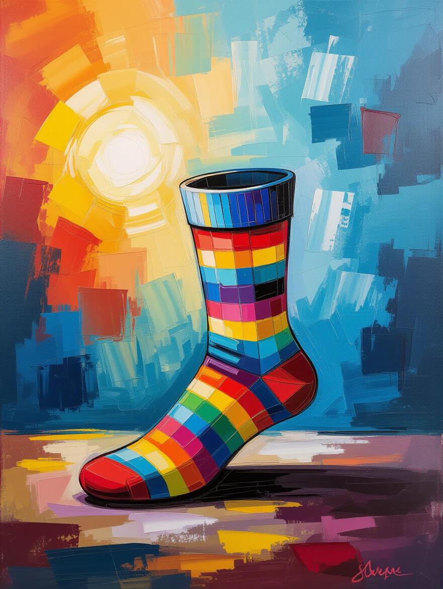 Dramatic scene of a colorful sock on an adventure. Acrylic paint style. Fast-drying paint used. Vibrant colors and expressive brushwork featured. Rich textures create depth. Dynamic composition with bold contrasts. Tactile quality adds interest. Fluid movement shown. Lively energy depicted.