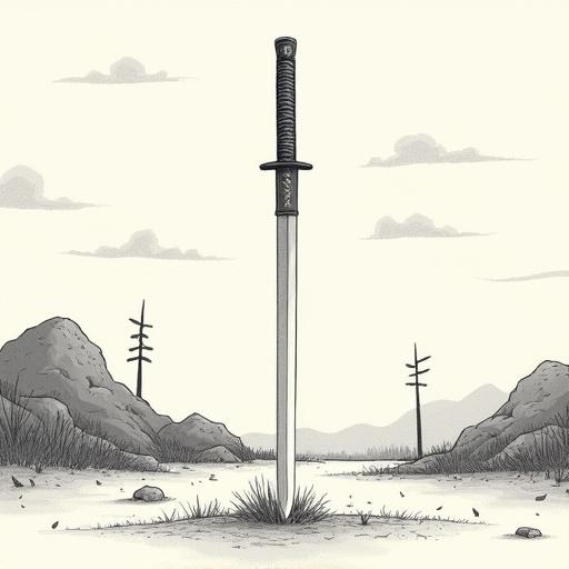 A Japanese katana is planted vertically in the ground in a simple, desolate landscape. Rocks and tufts of grass are present. Stylized pine trees are in the background. The sky features a few clouds. The blade of the katana reflects light. The scene suggests a memorial or challenge.