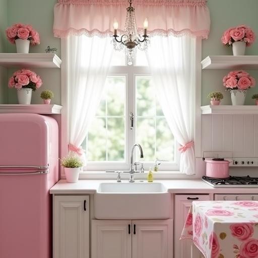 A cute retro kitchen featuring a white and light pink color scheme with a crystal chandelier. White flower pots filled with pink roses are placed on white shelves on either side of a large window above the kitchen sink. A pink refrigerator complements the decor. The window is adorned with pink rose print ruffle curtains. A white table with a pink rose print tablecloth adds charm to the space. A pink stove is visible as well.