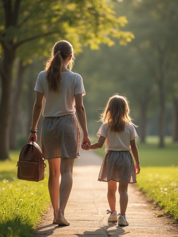 A mother and daughter walk hand in hand on a sunny day in a park. They wear matching skirts and casual shirts. The scene captures a nurturing moment and connection between them.