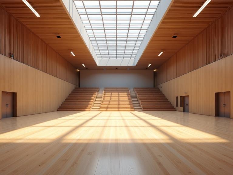 Interior view of a spacious multipurpose hall. Modern architectural design features polished wooden flooring and a large ceiling. Skylights and industrial lighting create ambient light. Foldable seating and a movable stage platform are present. The hall showcases a neutral color palette with warm accents. The image is clean and minimal with soft shadows and realistic reflections.