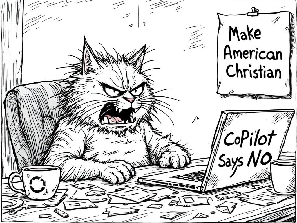 Black-and-white cartoon shows a frustrated angry cat like Fritz The Cat with messy hair and sweat, looking at a laptop screen. Screen says 'CoPilot Says No'. Cat sits slouched at a messy desk with coffee stains and scattered papers. Background has poster 'Make America Christian Again'. Hand-drawn detailed line drawing, rough and satirical, landscape format.