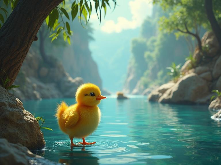 A yellow chick standing by a tranquil water source surrounded by trees. Bright colors with soft natural lighting. Nature scene emphasizes cuteness and serenity.