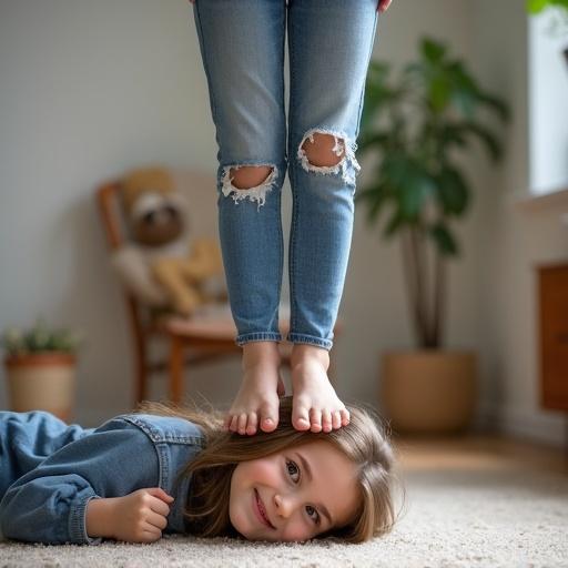 Smiling barefoot girl wearing jeans standing on head of female classmate lying on the floor. Natural indoor setting with soft light. Both girls express joy and playfulness.