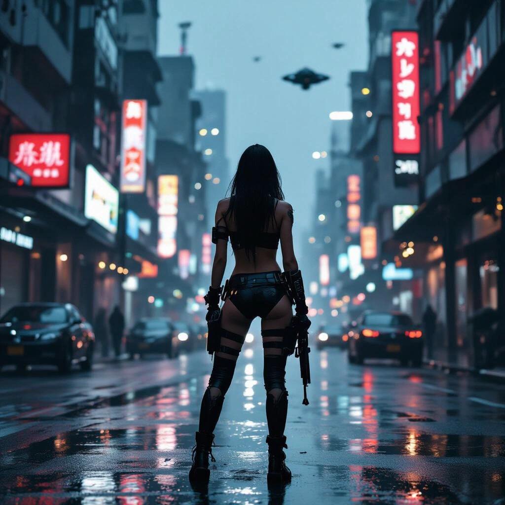 Distance shot of a female bounty hunter in a crop top. Scene set in a future cyberpunk city. Dark skies dominate the background. Reflective wet streets amplify the neon lights. Shot resembles raw photography style.