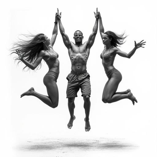 Full body view of a man and two women jumping against a white background. Illustration shows intricate details and realistic textures with a playful energy in their poses.