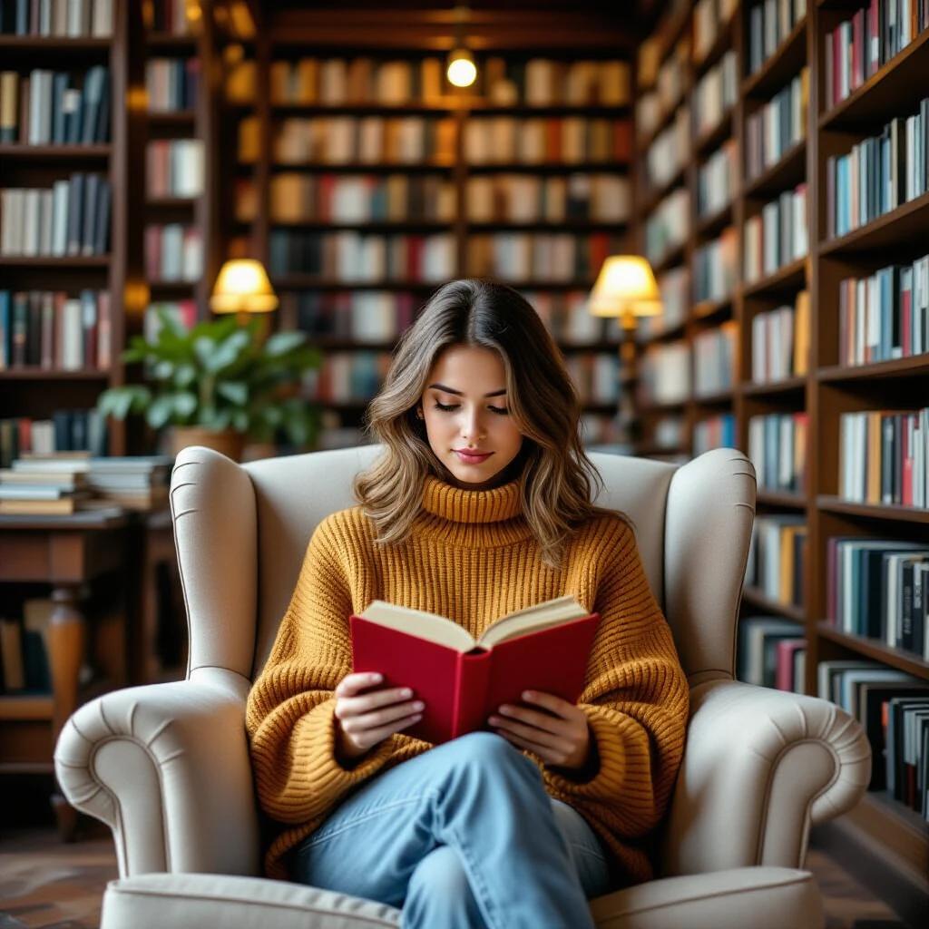 Young woman sits in an armchair reading a book. Large library filled with books in the background. Cozy atmosphere and warm lighting.