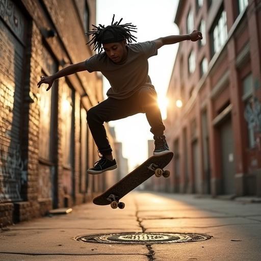 16-year-old Black teen performing kickflip airborne on gritty NYC sidewalk. Dreadlocks fly, sweat on neck under backward cap. Graffiti walls and cracked sewer grate in background. Sun creates halo effect. Features motion blur and skateboard scuffs.