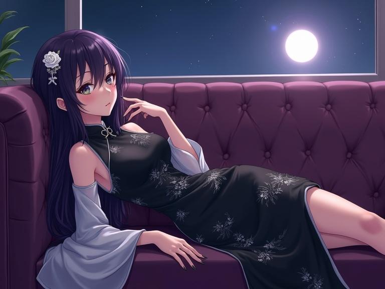Anime woman reclines on a purple tufted sofa in a retro coffee shop. Dark purple hair flows loosely over her shoulders. She wears a black cheongsam with white floral patterns and sheer sleeves. A white rose adorns her hair. A full moon shines through the window.