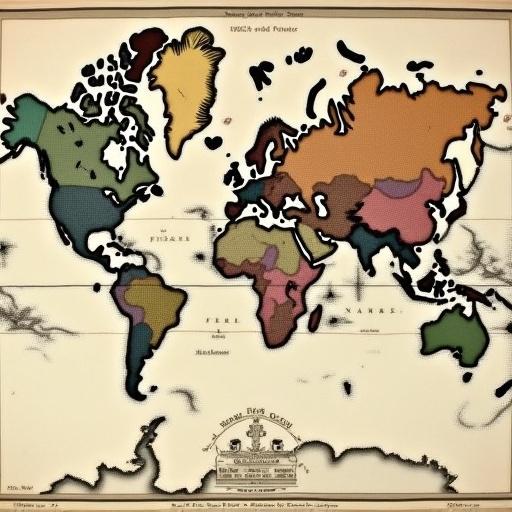 Map of the world from 1886. Shows continents and regions in various colors. Historical context reflects the era's geography.