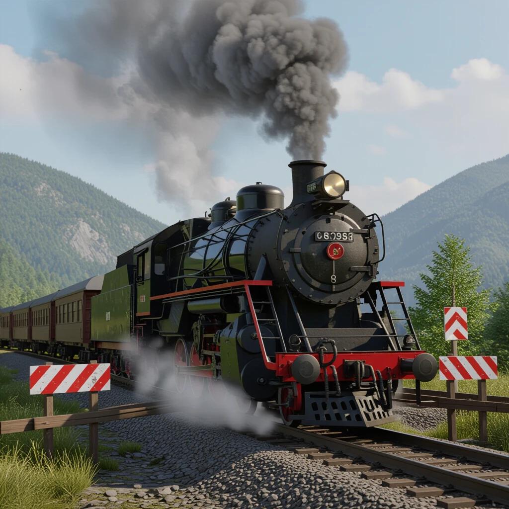 3D render of a giant steam locomotive. The train appears on a mountain road near a railroad barrier. Volcanic steam plume escapes the stack. Cars are blurred behind the barrier. Background features green pine forests and distant mountain peaks. The train exhibits visible details. Captured in a hyperreal style.