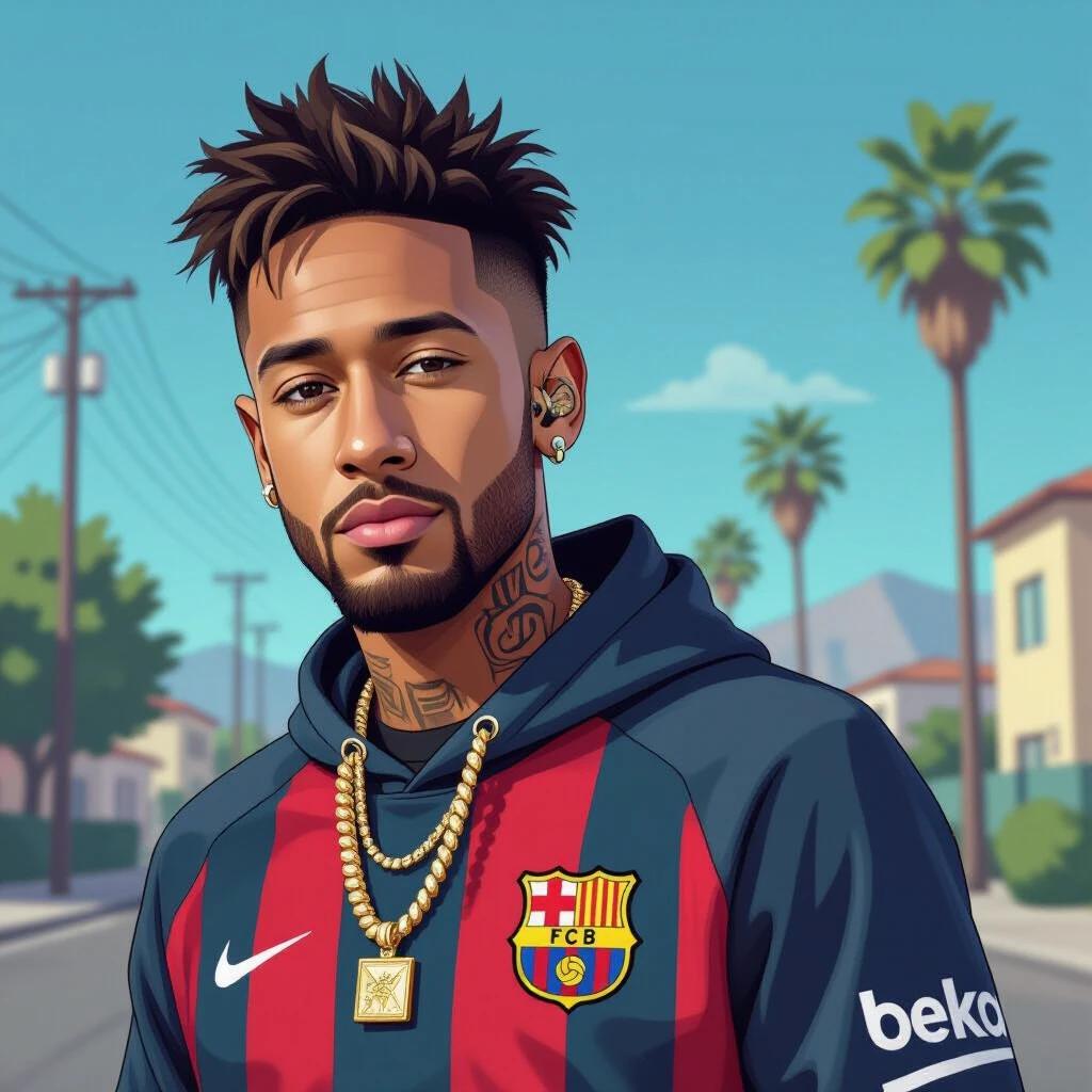 Character wears a soccer jersey with Barcelona's logo. Character has an urban background with palm trees. Character has a stylish look with jewelry.