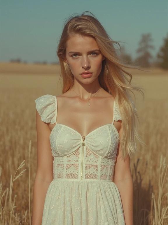 Young woman wearing a babydoll dress stands in a golden field. Dress is light and feminine with puff sleeves. A warm natural light bathes the scene. Hair flows gently in the breeze. The background is blurred with tall grasses.