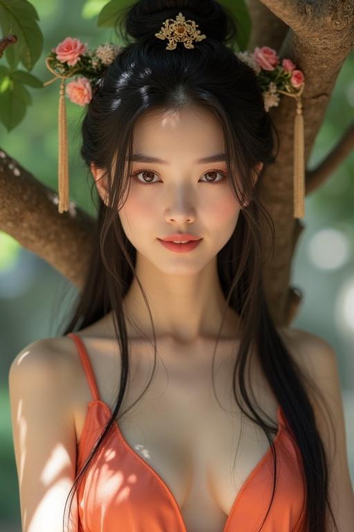 Beautiful young Chinese woman with long black hair in traditional headdress wearing silk dress resting against tree in garden. Sunlight illuminates her figure.