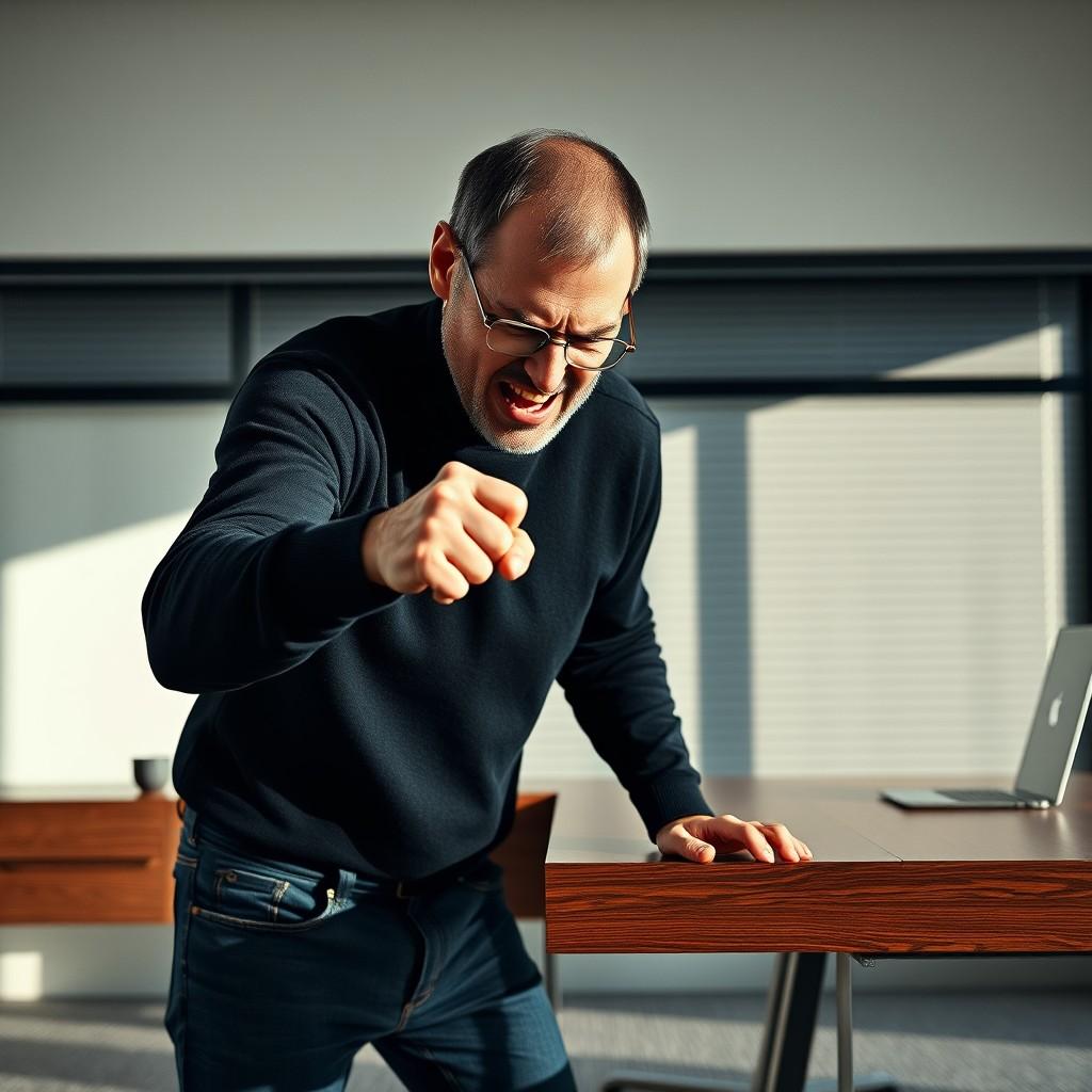 A person in a black sweater, expressing frustration or anger while standing by a desk in a modern office setting.