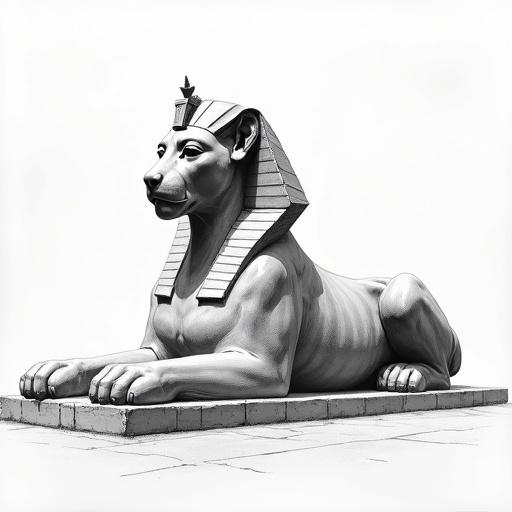 Image of a stylized Egyptian Sphinx from the front. Features human-like upper body and ornate headdress. Large lion paws rest on a stone pedestal displaying texture. Emphasis on shadows and volume through cross-hatching technique.