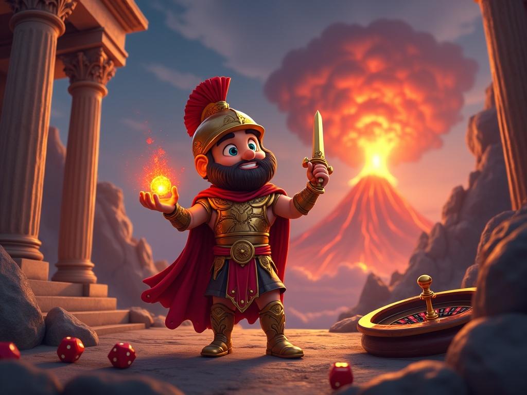 In a vibrant, mythical landscape inspired by ancient Rome, a charismatic, animated figure portraying a cheerful warrior stands confidently amidst a dramatic scene. The character, adorned in rich crimson and gold armor, sports a shiny helmet and a playful expression. In one hand, he holds a fiery orb casting an enchanting glow, while the other clutches a sword. Surrounding him are elegant columns of a grand temple, partially crumbled, hinting at a past glory. In the background, a majestic volcano erupts with bursts of orange and red lava, contrasting against the dark, swirling sky. Scattered nearby are gaming elements like a roulette wheel and dice brimming with magical energy, seamlessly blending the worlds of adventure and casino. The overall atmosphere is dynamic, filled with exciting colors and an aura of adventure.