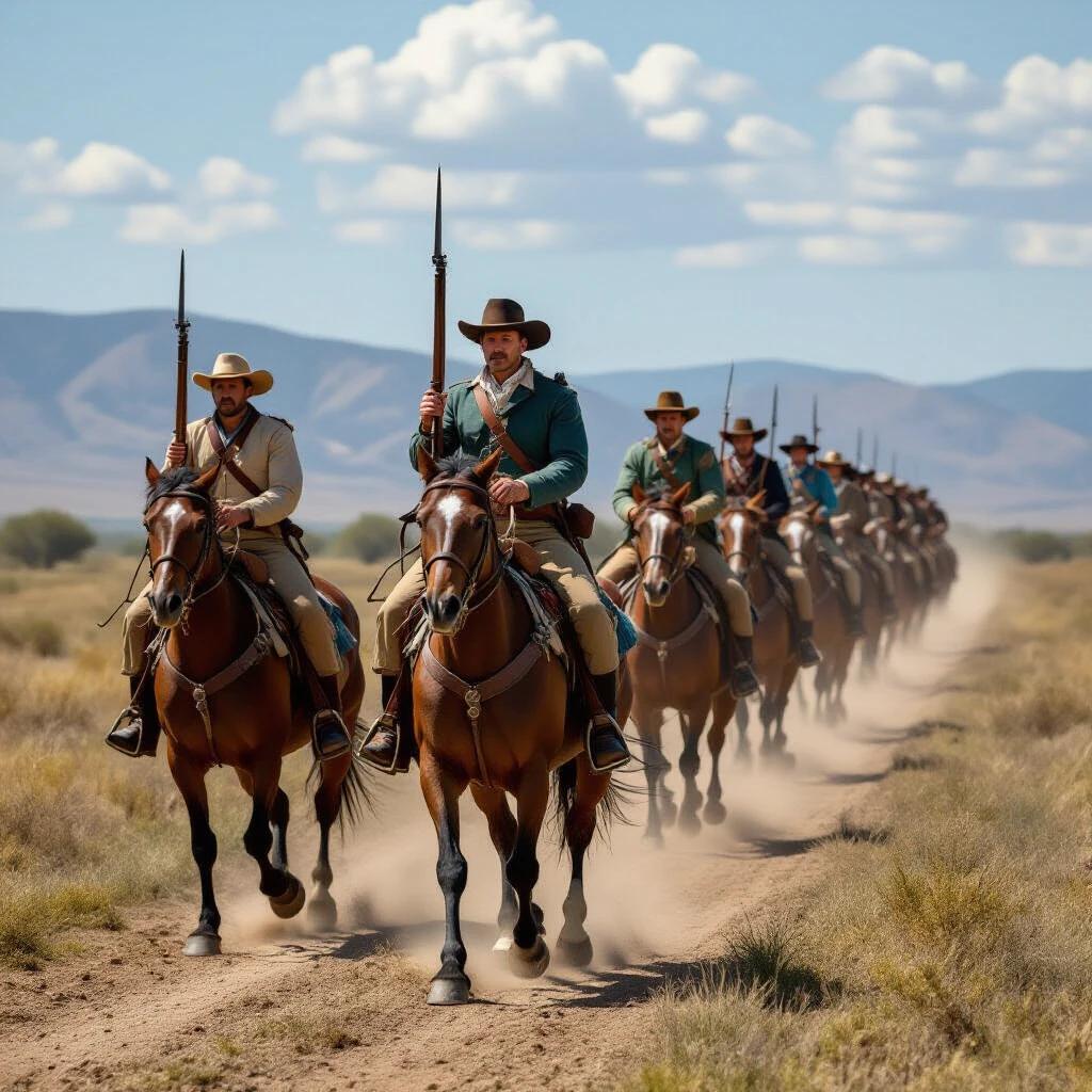 A group of cavalry riders marches along a dusty trail. The setting is open and expansive with mountains in the background. The horses are in motion, creating a cloud of dust. The riders wear historical uniforms from the 1851 period, holding spears. This scene captures the essence of historical military life in the American West.