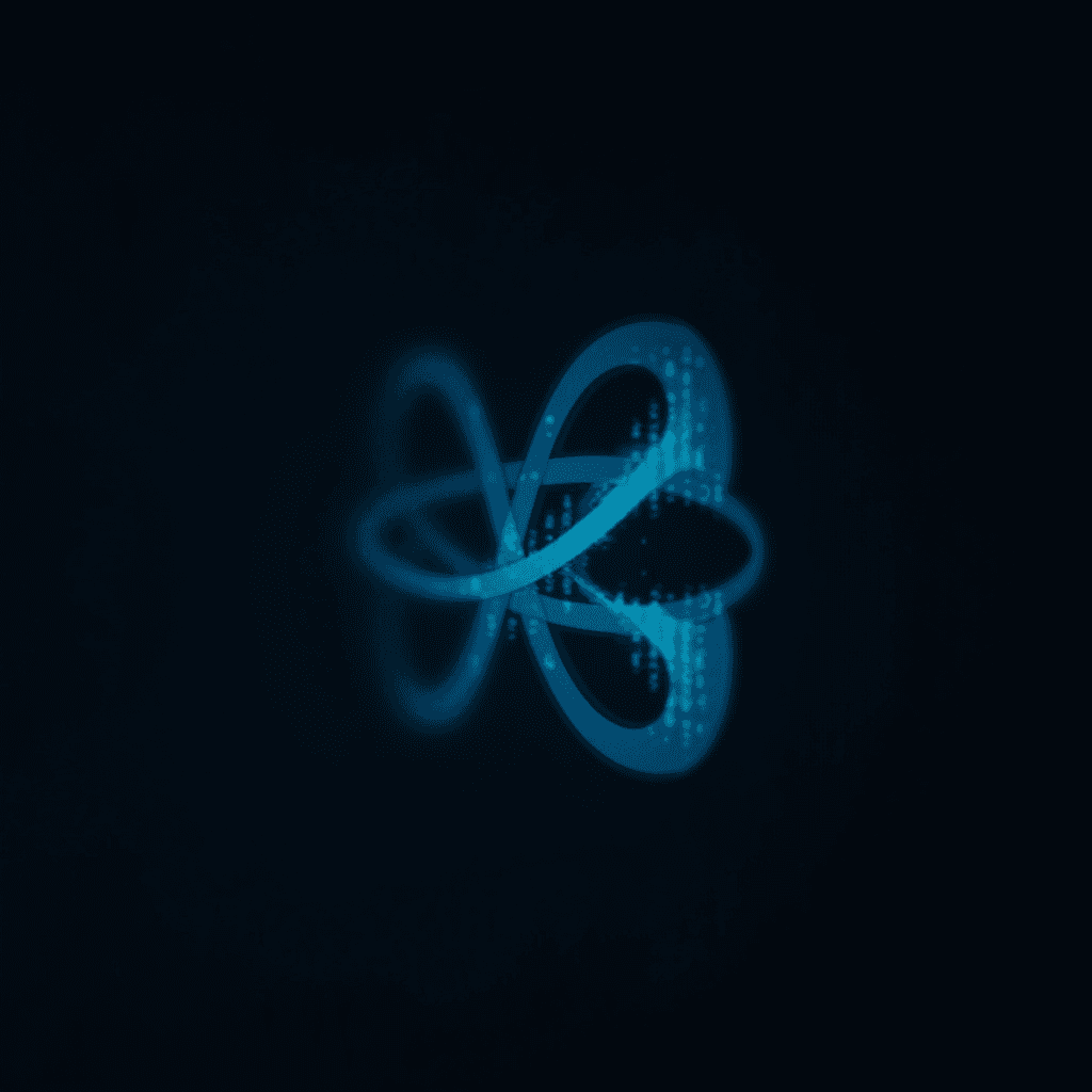 A glowing blue infinity symbol composed of digital particles on a dark background.