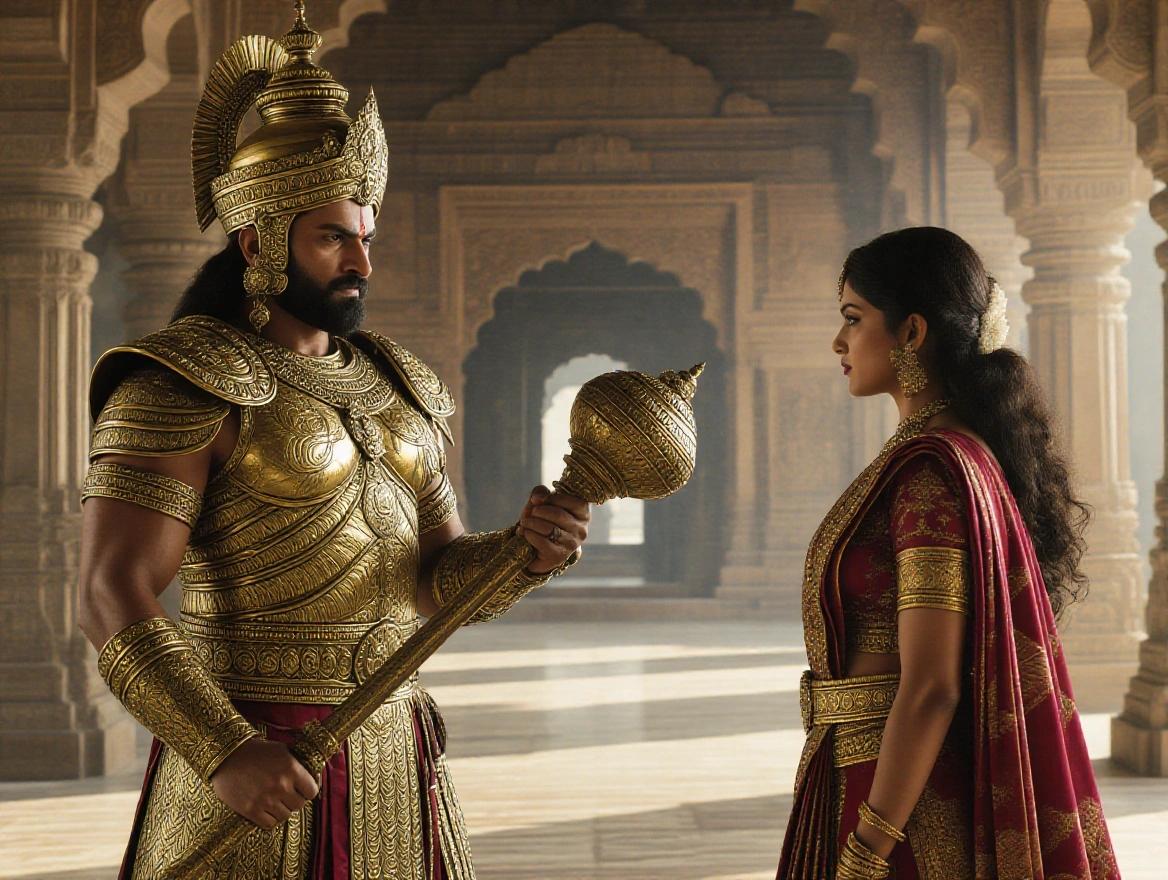 Cinematic wide shot of an ancient Indian palace hall. Featured are a muscular warrior king in golden armor and a majestic white elephant adorned with jewels. Background includes massive carved stone pillars and arches. Dramatic lighting with god rays and warm glowing light sources enhances the atmosphere. Overall style is photorealistic CGI with extreme detail.