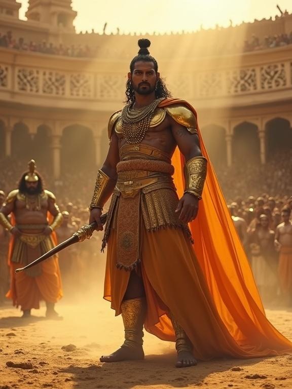 A powerful warrior stands tall in golden armor in an ancient Indian martial arena. A secondary character stands behind focused. A revered teacher observes from an elevated seat. The atmosphere is charged with anticipation. The warrior holds a bow with confidence, his posture strong and eyes bright with purpose. Spectators lean in, the air filled with challenge and destiny. Lighting emphasizes traditional warrior clothing and armor.